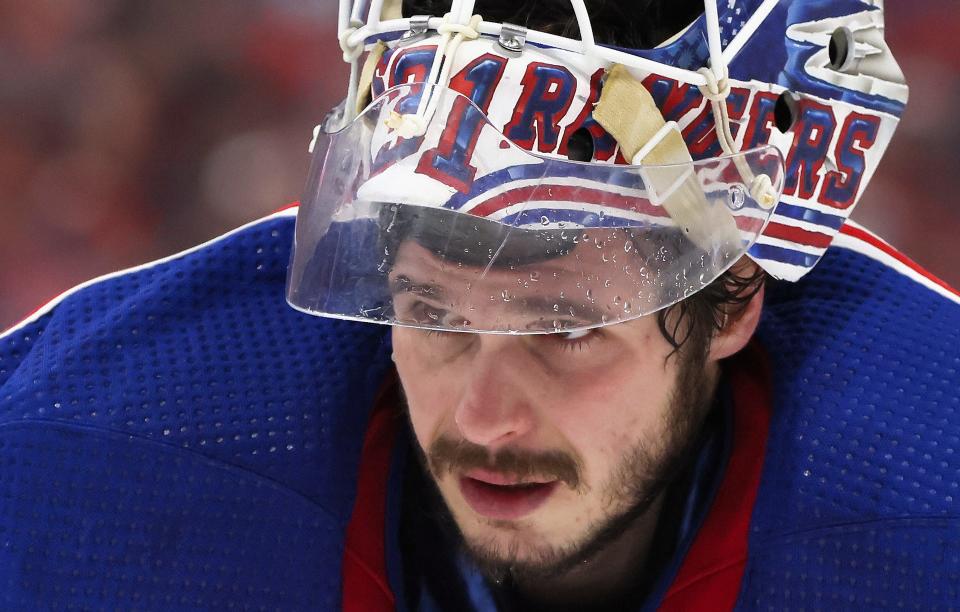 SUNRISE, FLORIDA - MAY 26: Igor Shesterkin #31 of the New York Rangers takes a break during the game against the Florida Panthers during the second period in Game Three of the Eastern Conference Final of the 2024 Stanley Cup Playoffs at Amerant Bank Arena on May 26, 2024 in Sunrise, Florida.