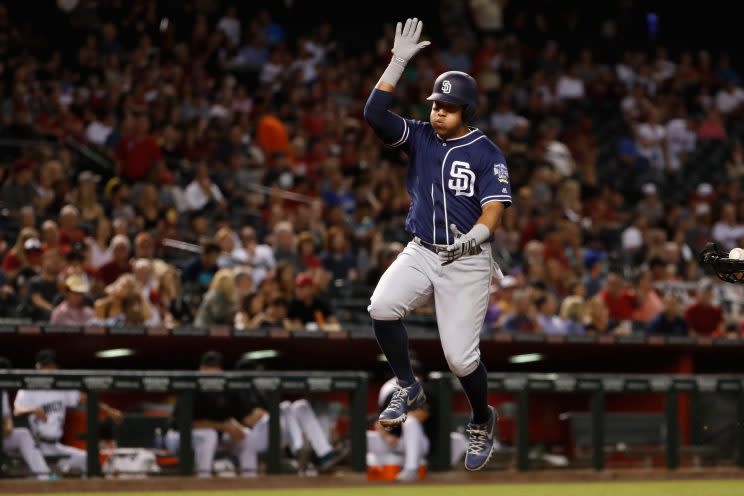 Yangervis Solarte celebrates a home run (Getty Images/Christian Petersen)