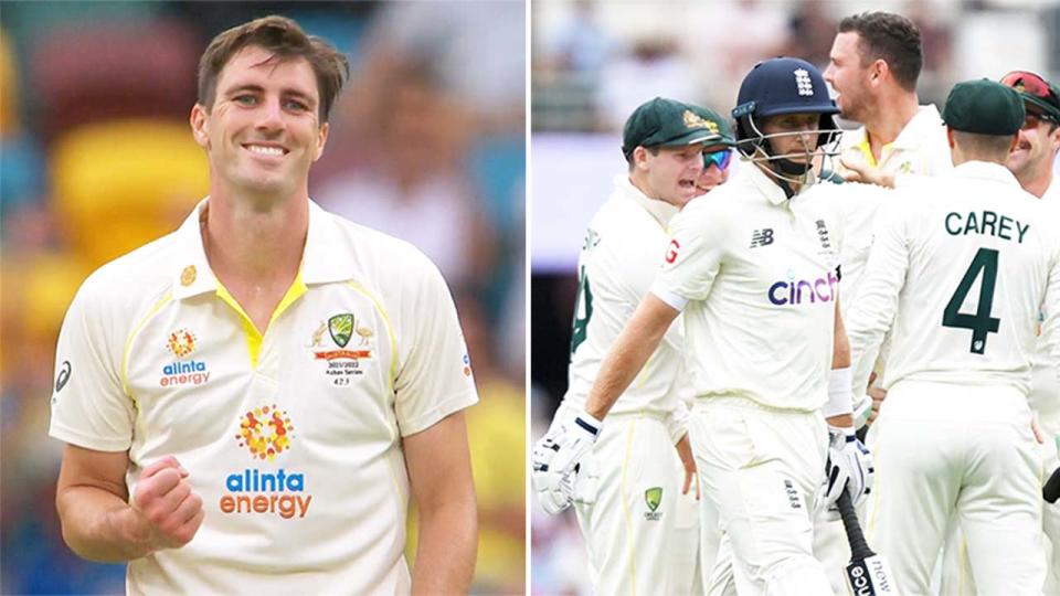 Pat Cummins (pictured left) celebrating after a wicket and (pictured right) Joe Root walking off the pitch.