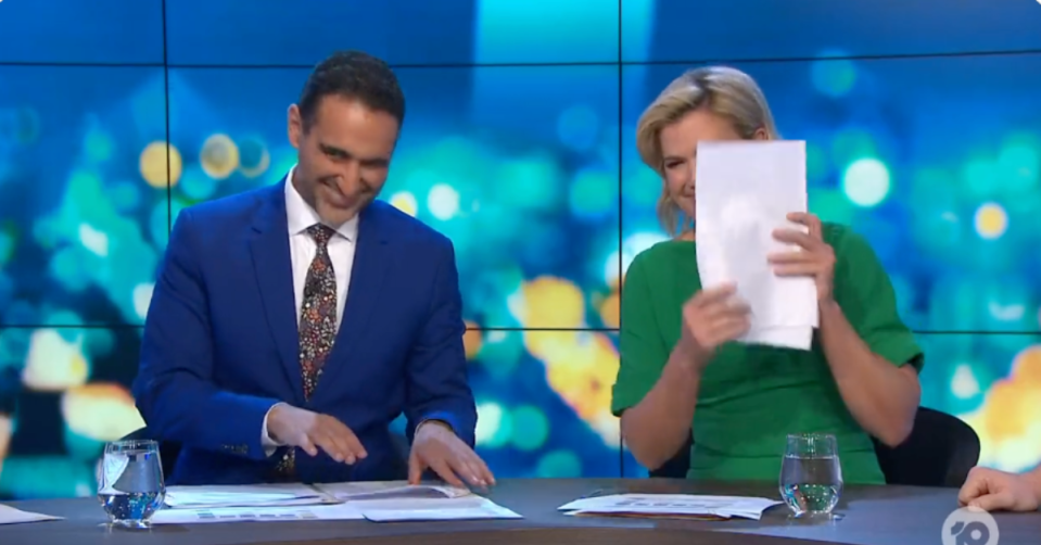 The Project's Waleed Aly and Sarah Harris laughing 