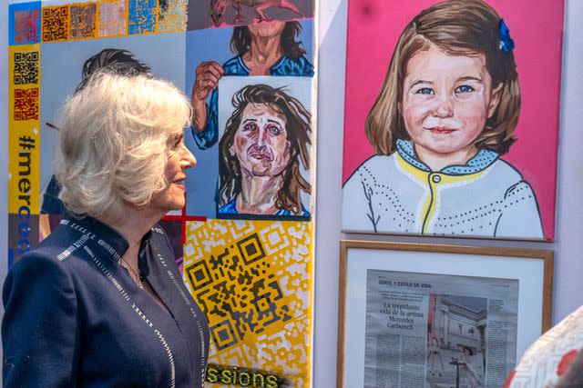 <p>Arthur Edwards / POOL / AFP via Getty</p> Queen Camilla sees a painting of Princess Charlotte on February 14, 2024