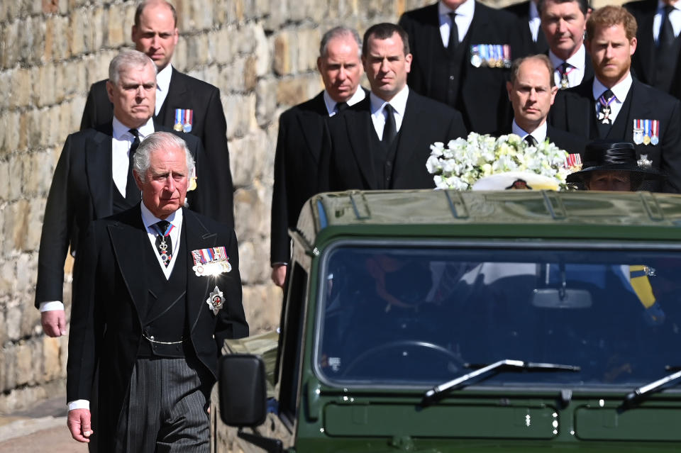 Prince William, Prince Andrew, Prince Charles, Prince Edward, Peter Phillips, Prince Harry, Earl of Snowdon David Armstrong-Jones, Vice-Admiral Sir Timothy Laurence and Princess Anne follow Prince Philip's coffin. (Photo: Leon Neal via Getty Images)