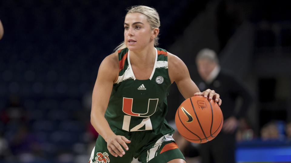 Haley Cavinder of the University of Miami Hurricanes during an NCAA basketball game on Sunday, Nov. 20, 2022, in Chicago. (AP Photo/Matt Dirksen)