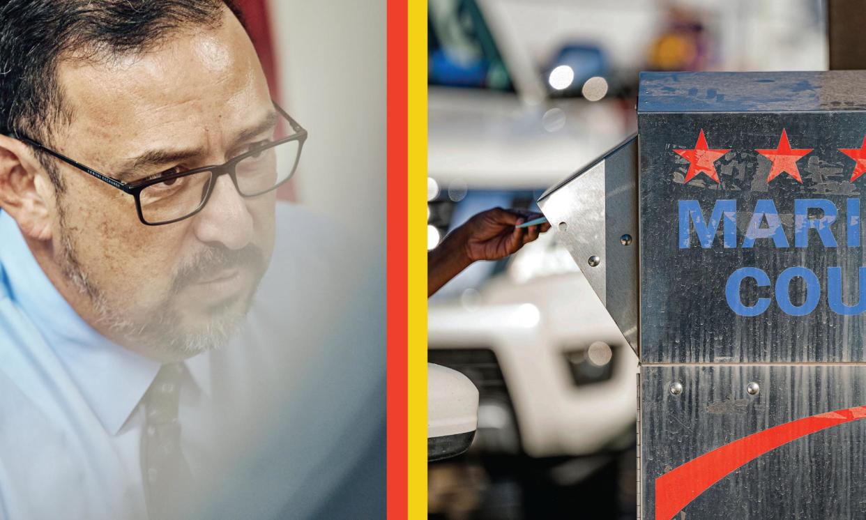 <span>Adrian Fontes, Arizona’s secretary of state (left); election workers (right) process ballots in Phoenix, Arizona.</span><span>Photograph: Adam Riding/The Guardian (left)/Joshua Lott/Getty (right)</span>