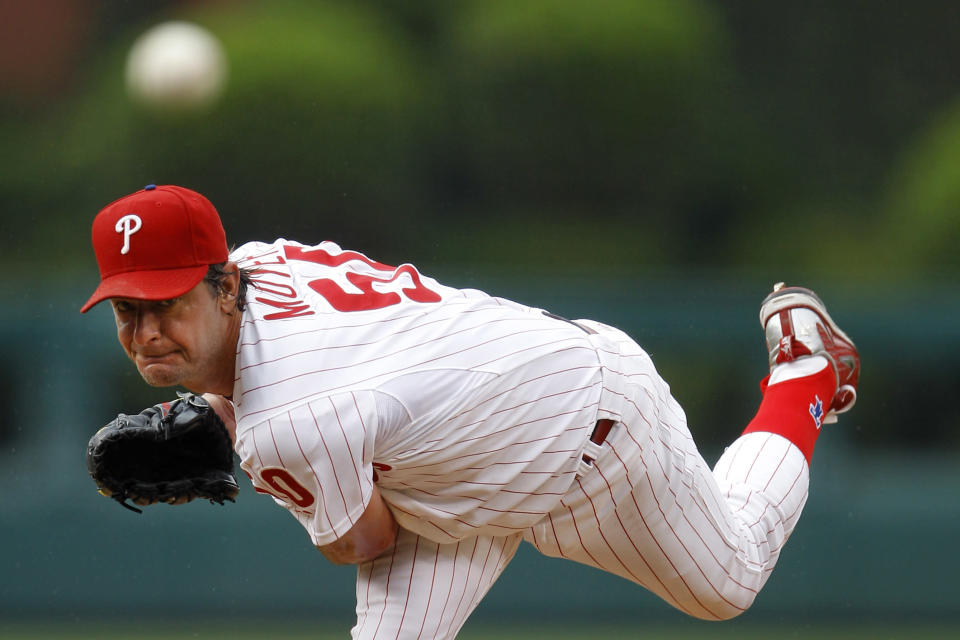 Philadelphia Phillies' Jamie Moyer pitches in the first inning of a baseball game against the Cleveland Indians, Tuesday, June 22, 2010, in Philadelphia. (AP Photo/Matt Slocum)