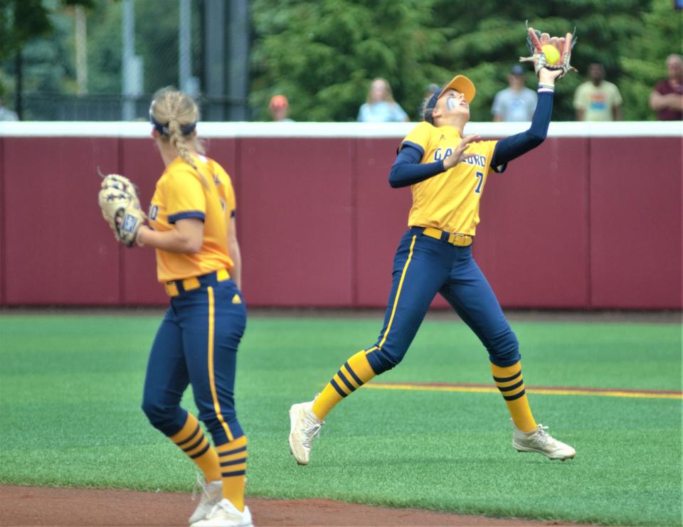 Aubrey Jones makes a catch in shallow centerfield during an MHSAA Division 2 softball state quarterfinal matchup between Gaylord and Hudsonville Unity Christian on Tuesday, June 13 at Margo Jonker Stadium on the campus of Central Michigan University, Mount Pleasant, Mich.