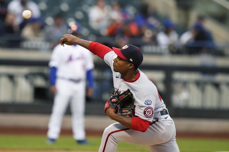 Washington Nationals' Josiah Gray pitches during the first inning of the team's baseball game against the New York Mets on Tuesday, April 25, 2023, in New York. (AP Photo/Frank Franklin II)