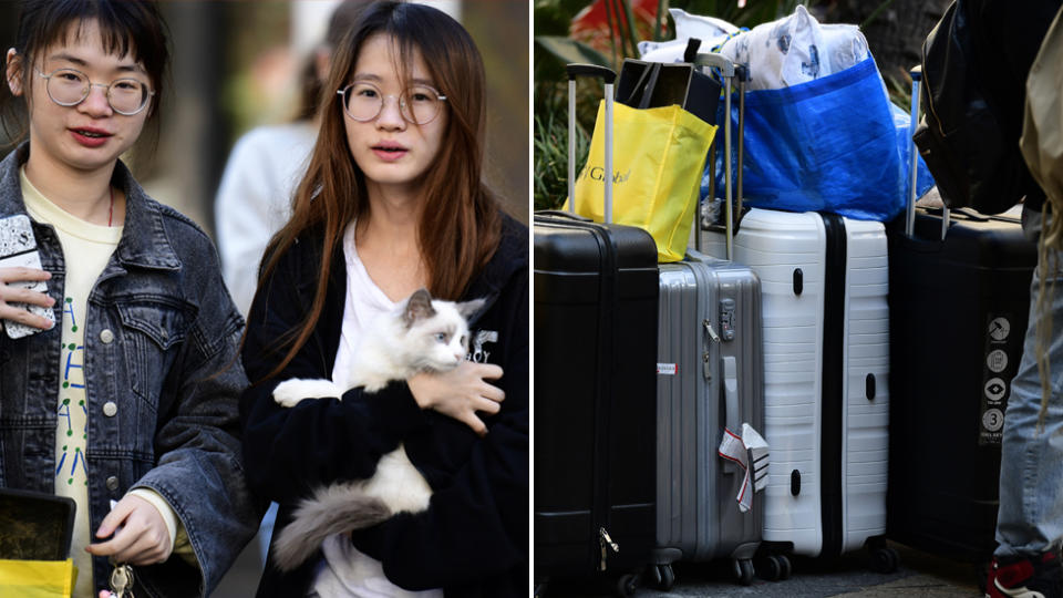 Residents leaving the Sydney apartment block carrying their belongings and pets.