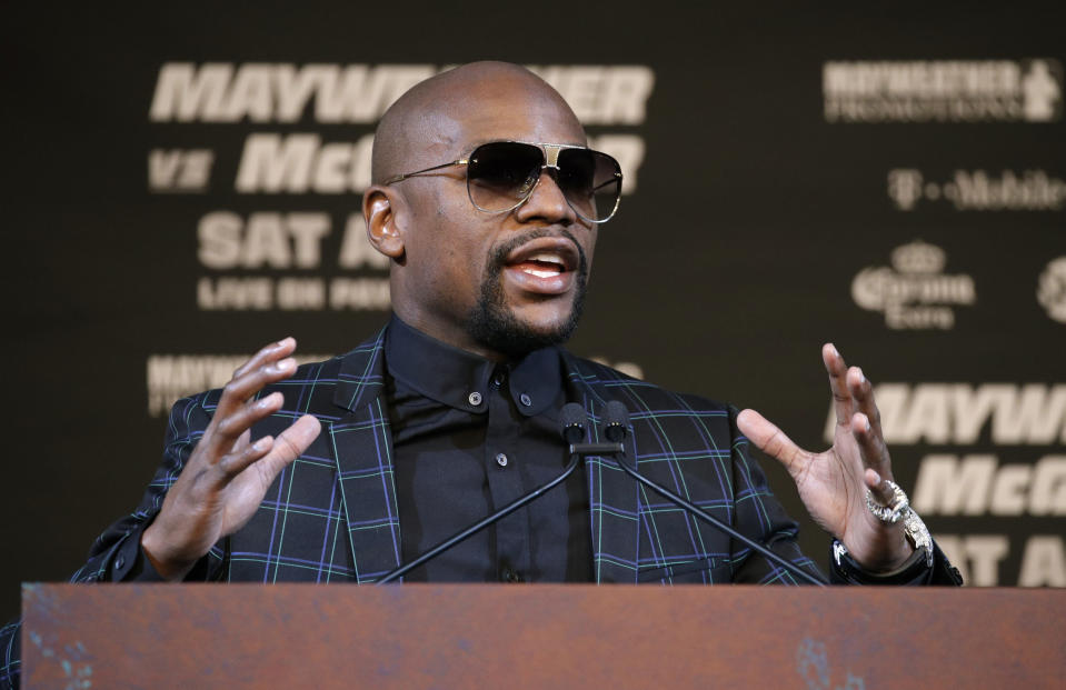 Floyd Mayweather speaks on Aug. 23, 2017, in Las Vegas, three days before he fought Conor McGregor. (AP)