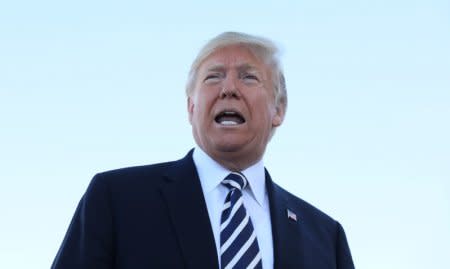 U.S. President Donald Trump speaks with reporters before departure from Elko Regional Airport in Elko, Nevada, U.S., October 20, 2018.   REUTERS/Jonathan Ernst