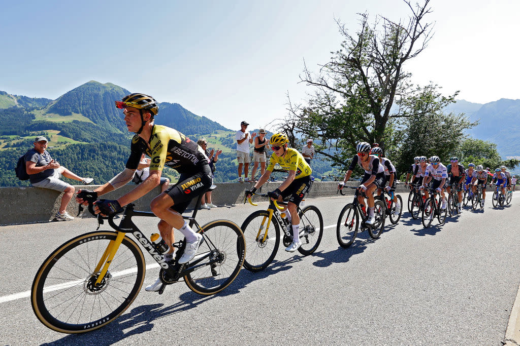  Jumbo-Visma and UAE Team Emirates control the peloton during stage 15 of the Tour de France 