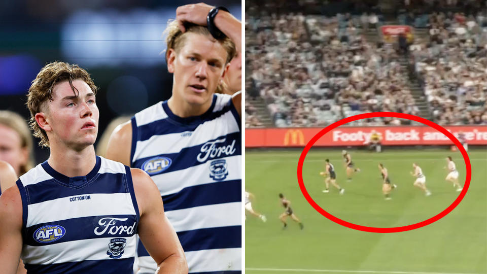 Geelong players react after the loss to Carlton on the left, with a screenshot highlighting Carlton players outrunning their opponents on the right.