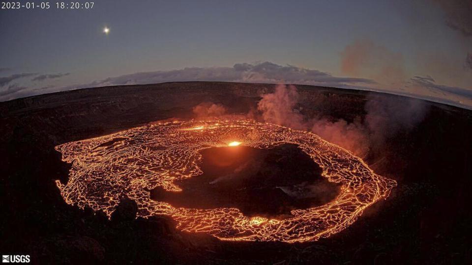 This webcam image provided by the U.S. Geological Survey shows Hawaii’s Kilauea volcano, from the west rim of the summit caldera, looking east, Thursday, Jan. 5, 2023. Hawaii's Kilauea began erupting inside its summit crater Thursday, the U.S. Geological Survey said, less than one month after the volcano and its larger neighbor Mauna Loa stopped releasing lava. ( U.S. Geological Survey via AP)