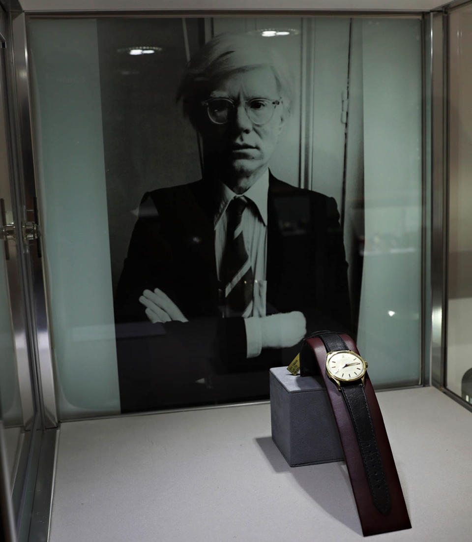 NEW YORK, NEW YORK - JUNE 04: 
A Patek Philippe watch formerly owned by Andy Warhol is on display during a press preview of the upcoming Luxury Week at Christie's on June 04, 2021 in New York City. (Photo by Cindy Ord/Getty Images)