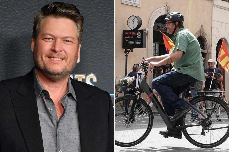 <p>Jason Davis/Getty Images; Blake Shelton/Instagram</p> Blake Shelton riding his bike in Italy 