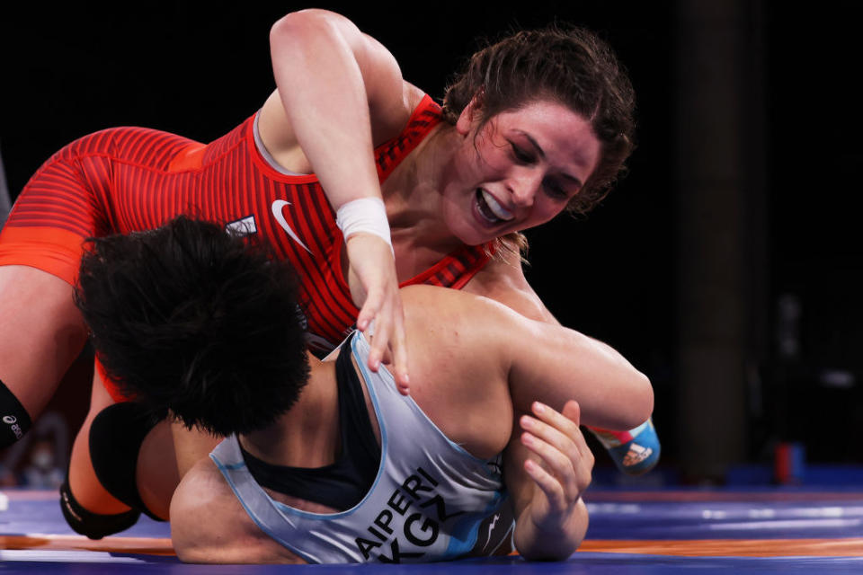 Gray competing against Team Kyrgyzstan during the Women's Freestyle 76kg Semi Final