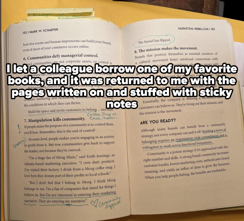 Open book showing pages 192-193 of "Marketing Rebellion" by Mark W. Schaefer, with handwritten notes in the margins. Topics include community control and brand manipulation