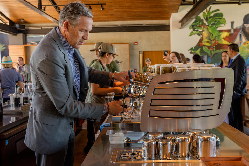 Longtime Starbucks boss Howard Schultz brews a cup of coffee at the company’s Costa Rican coffee farm