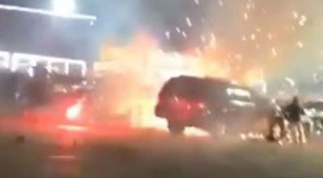 A car exploded on New Year’s Eve after a lit firework landed on top of more than 600 packaged fireworks stored in the boot. Source: Jonathan Gartza/Facebook