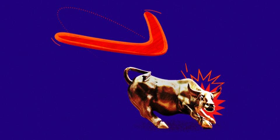 A surprised Wall Street bull about to be hit by a big, red boomerang