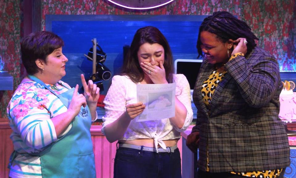 From left, Bonner Church (as Della), Isabella Minter (as Jen), and Jordan Battle (as Macy) perform in the Springer Opera House production of “The Cake.” 04/19/2023