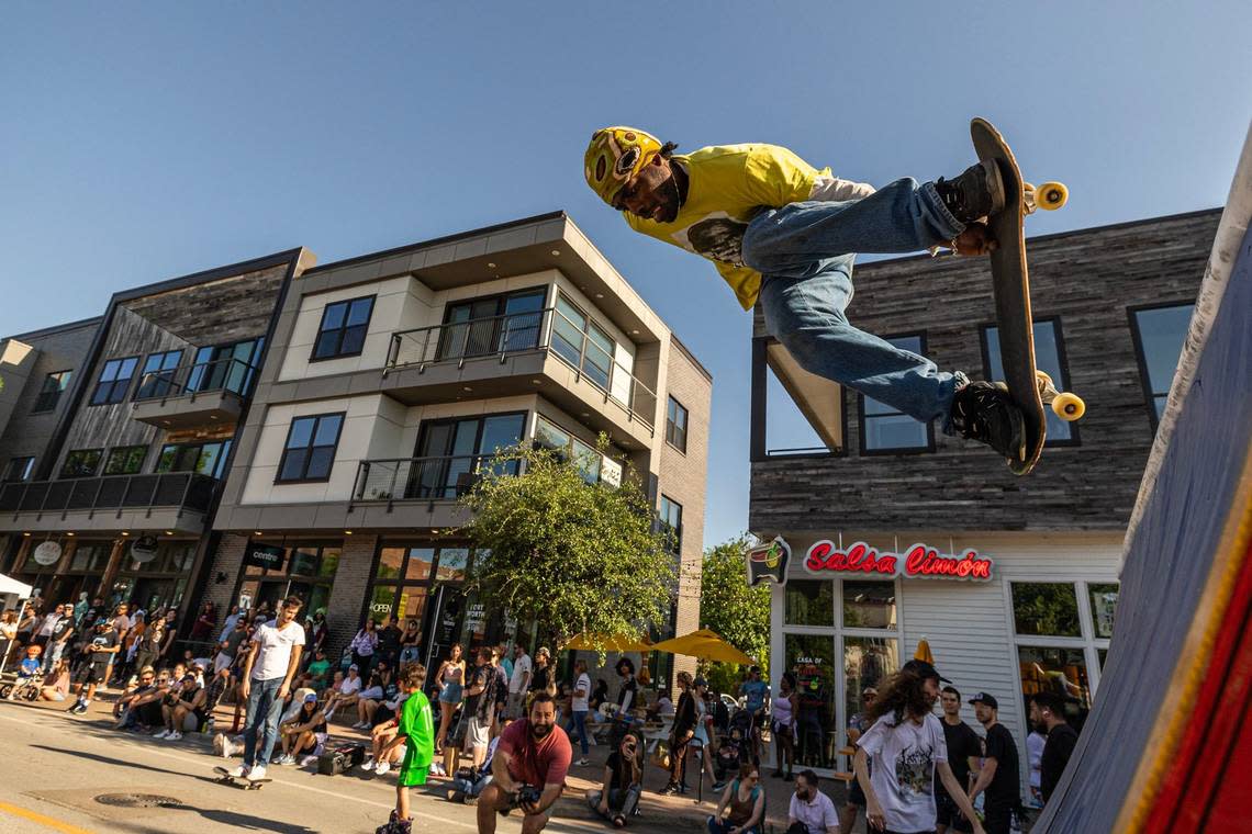 A skater performs a skate trick on a ramp in the skate jam area of Open Streets on Magnolia Avenue in Fort Worth on Saturday, April 13, 2024. Open Streets, hosted by local nonprofit Near Southside Inc returned Saturday after the pandemic derailed it five years ago. Chris Torres/ctorres@star-telegram.com