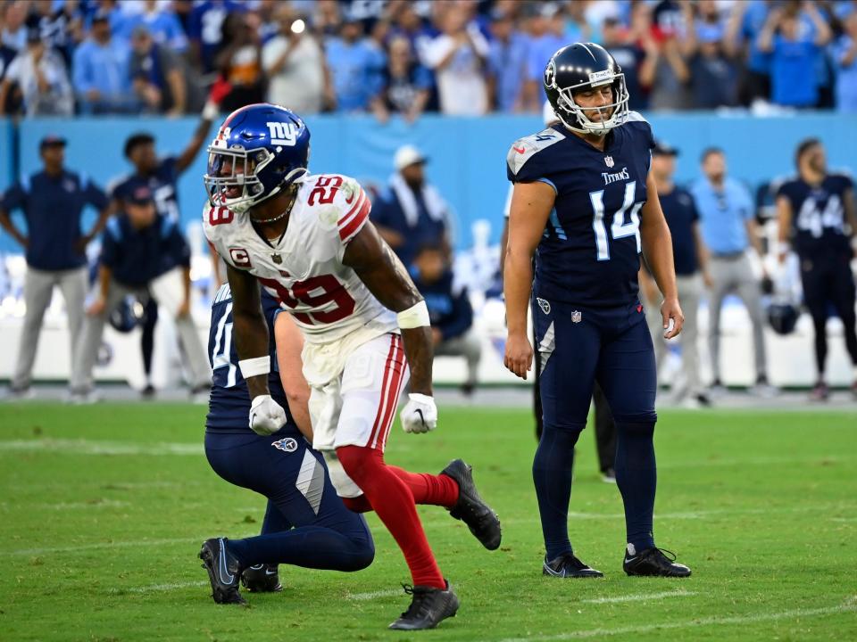 Randy Bullock reacts after missing a field goal against the New York Giants.