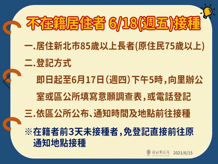 居住在新北市85歲以上長者(原住民75歲以上)，即日起至6月17日下午5時，可向里辦公室或區公所填寫意願調查表或電話登記。   圖：新北市政府/提供