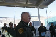 Deputy Chief Patrol Agent El Paso Sector Chris Clem, from the U.S. Customs and Border Protection, speaks to reporters during a tour of an immigration holding facility, Tuesday, Feb. 25, 2020, at the base of the Franklin Mountains in El Paso, Texas. The complex of modular buildings can house and process 1,040 and will replace tents hastily erected for processing last spring. (AP Photo/Cedar Attanasio)