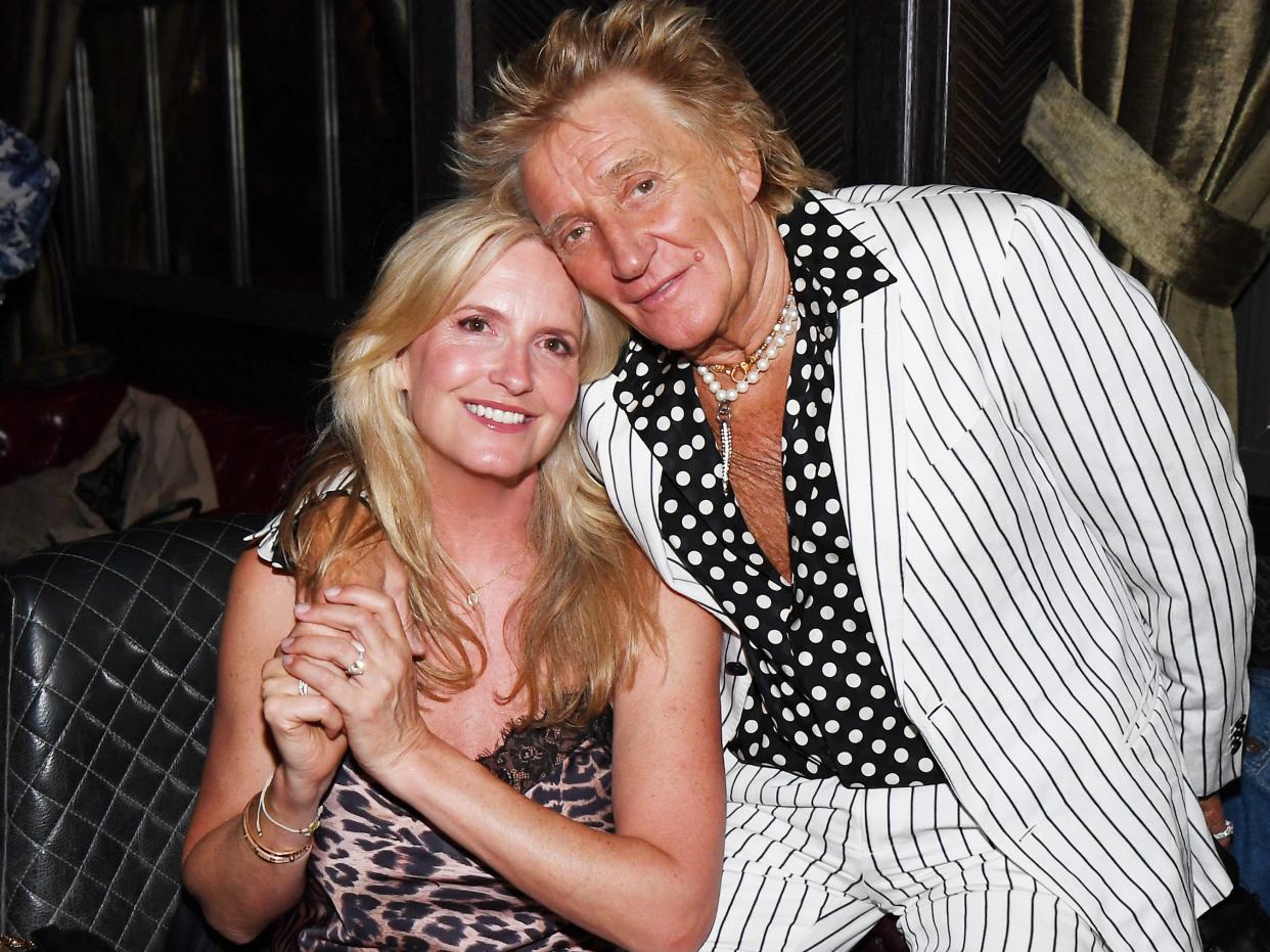 LAS VEGAS, NEVADA - AUGUST 03: Penny Lancaster Stewart and Sir Rod Stewart celebrate the 1 Year anniversary of Wolfie's Whisky at The Barbershop Cuts & Cocktails Las Vegas on August 03, 2024 in Las Vegas, Nevada. (Photo by Denise Truscello/Getty Images for Wolfie's Whisky/The Barbershop Las Vegas)