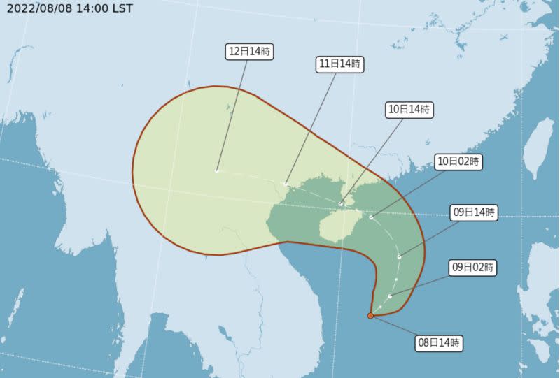 ▲位於南沙島附近海面上今日有一個熱帶性低氣壓生成，氣象局預估最快將於24小時內將增強為今年第7號颱風「木蘭」，並不會直接影響台灣陸地天氣。（圖／翻攝中央氣象局官網）