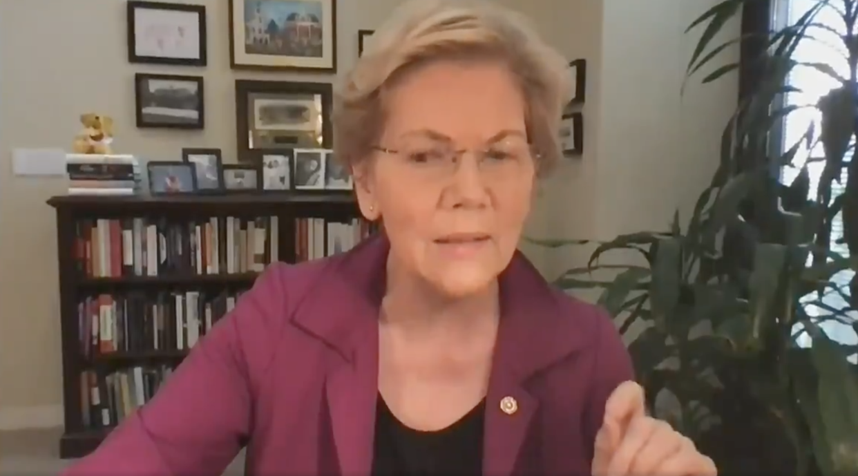 US Senator Elizabeth Warren addresses the nation’s chief banking executives during a 26 May hearing. (US Senate Banking Committee)