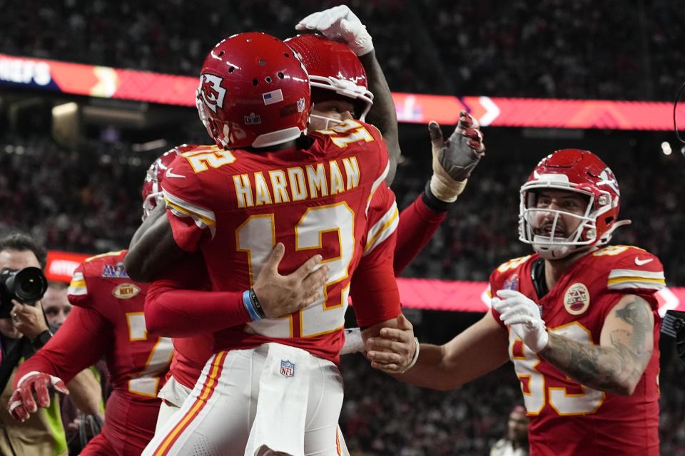 Kansas City Chiefs wide receiver Mecole Hardman Jr. (12) celebrates his game-winning touchdown against the San Francisco 49ers in overtime during the NFL Super Bowl 58 football game Sunday, Feb. 11, 2024, in Las Vegas. The Chiefs won 25-22. (AP Photo/George Walker IV)