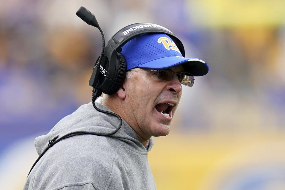 Pittsburgh head coach Pat Narduzzi reacts after a call during the first half of an NCAA college football game against Florida State in Pittsburgh, Saturday, Nov. 4, 2023. (AP Photo/Matt Freed)