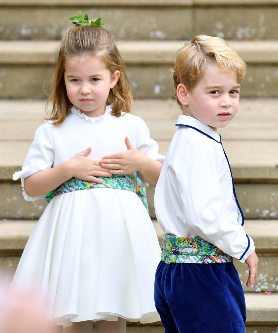 <p>Prince George is back on his page boy duties! George and Charlotte were tapped by their cousin <a href="https://www.townandcountrymag.com/society/tradition/g23552724/prince-george-princess-charlotte-princess-eugenie-jack-brooksbank-wedding-photos/" rel="nofollow noopener" target="_blank" data-ylk="slk:Princess Eugenie to serve;elm:context_link;itc:0;sec:content-canvas" class="link ">Princess Eugenie to serve</a> in the bridal party for her royal wedding in October 2018. </p>