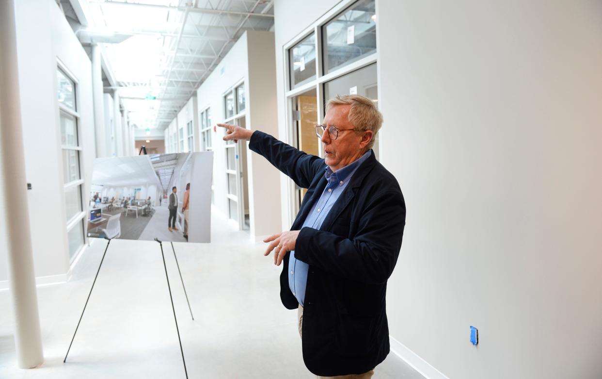 A preview tour was given of the Crescent Startup Community in Greenville on April 24, 2024. This project will provide support and space for Greenville's local entrepreneurs. Peter Marsh, co-founder Flywheel talks about the project.