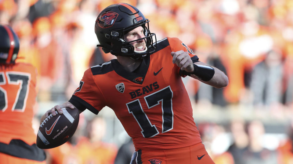 FILE - Oregon State quarterback Ben Gulbranson (17) plays during an NCAA college football game against Oregon on Saturday, Nov 26, 2022, in Corvallis, Ore. The Sun Bowl is matching No. 15 Notre Dame and 21st-ranked Oregon State. (AP Photo/Amanda Loman, File)