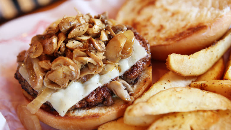 Mushrooms on burger patty