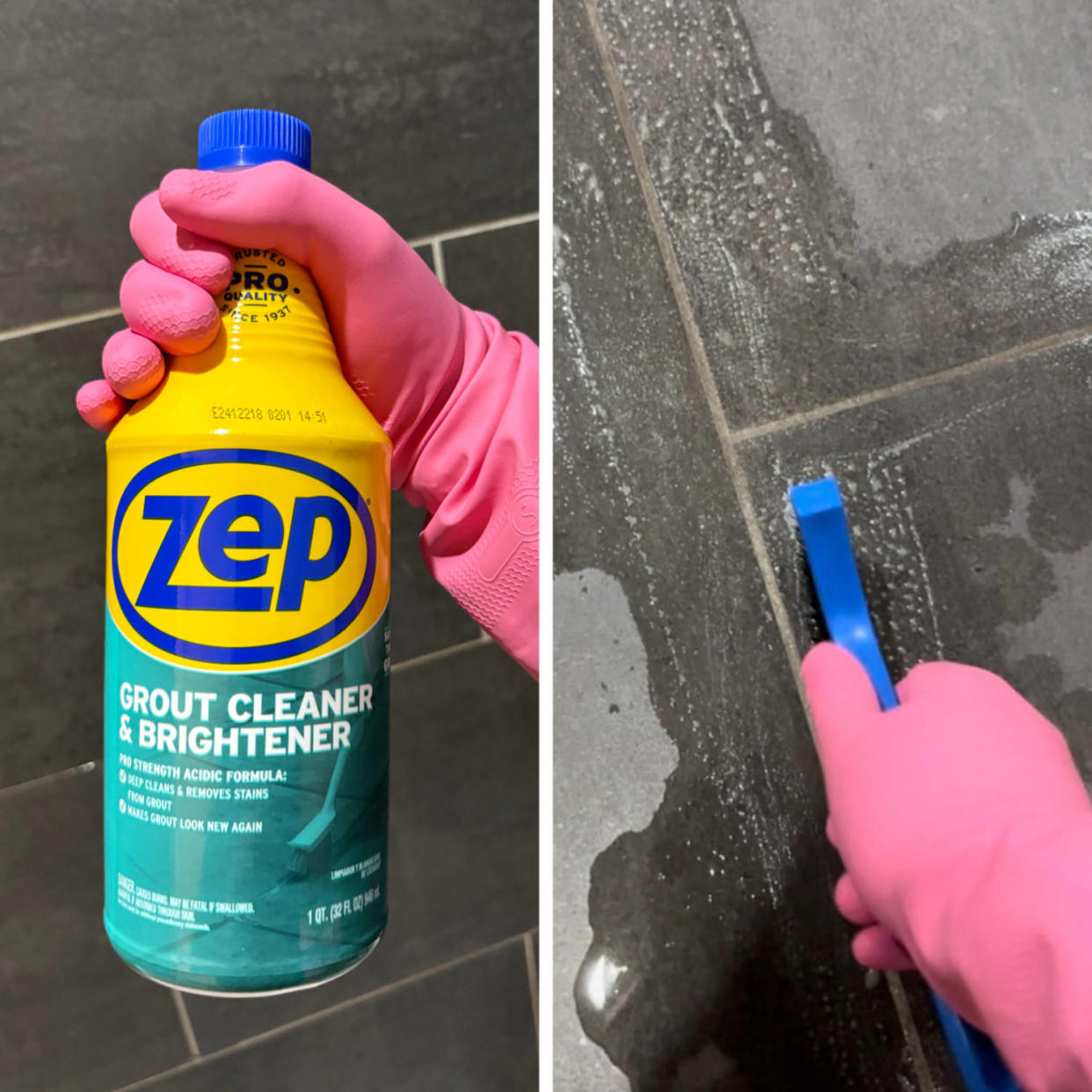 Person with cleaning gloves using cleaning brush to clean grout on the floor. (Courtesy of Cory Fernandez)