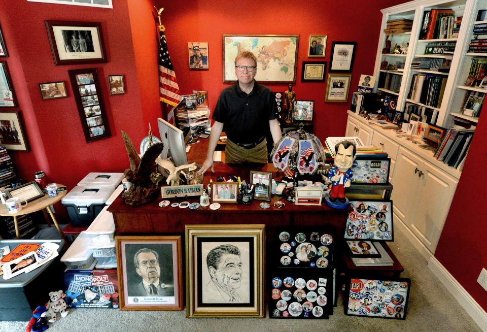 Gordon Wayman with some of his political collection at his home in Springfield Wednesday, Sept. 13, 2023.