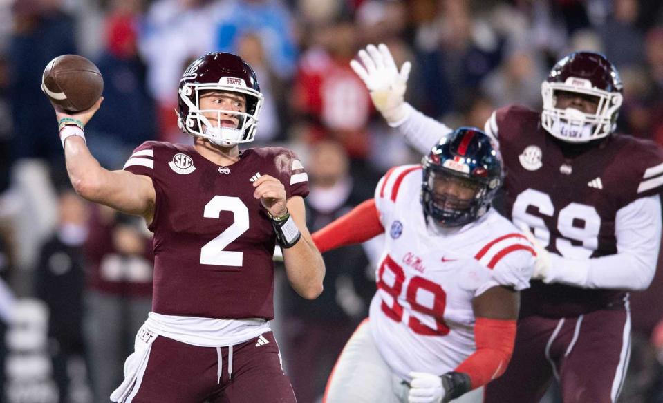 Mississippi State QB Will Rogers (2) passes against Ole Miss during the second half of the Egg Bowl at Davis Wade Stadium in Starkville, Miss., Thursday, Nov. 23, 2023. Barbara Gauntt/Clarion Ledger-USA TODAY NETWORK