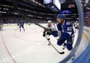 May 24, 2016; Tampa, FL, USA; Tampa Bay Lightning center Valtteri Filppula (51) skates as Pittsburgh Penguins left wing Conor Sheary (43) defends during the second period of game six of the Eastern Conference Final of the 2016 Stanley Cup Playoffs at Amalie Arena. Mandatory Credit: Kim Klement-USA TODAY Sports