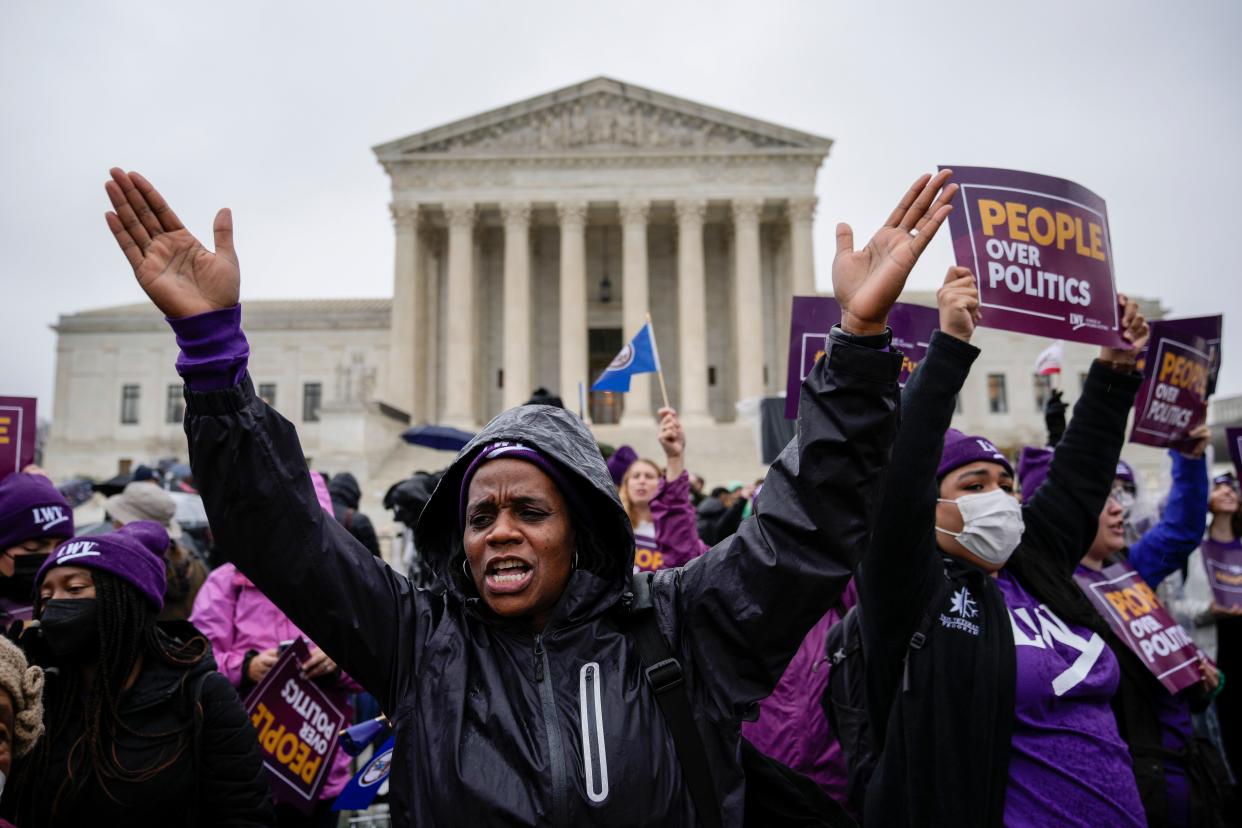 WASHINGTON, DC - DECEMBER 7: Members of the League of Women voters rally for voting rights outside the U.S. Supreme Court to hear oral arguments in the Moore v. Harper case on December 7, 2022 in Washington, DC. The Moore v. Harper case stems from the redrawing of congressional maps by the North Carolina GOP-led state legislature following the 2020 Census. The map was struck down by the state supreme court for partisan gerrymandering that violated the state constitution. Also at issue in the case is the independent state legislature theory, a theory that declares state legislatures should have primary authority for setting rules of federal elections with few checks and balances. (Photo by Drew Angerer/Getty Images) ORG XMIT: 775909090 ORIG FILE ID: 1245437235