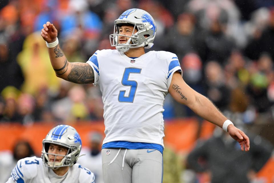 Aldrick Rosas #5 of the Detroit Lions kicks a field goal in the fourth quarter against the Cleveland Browns at FirstEnergy Stadium on November 21, 2021 in Cleveland, Ohio.