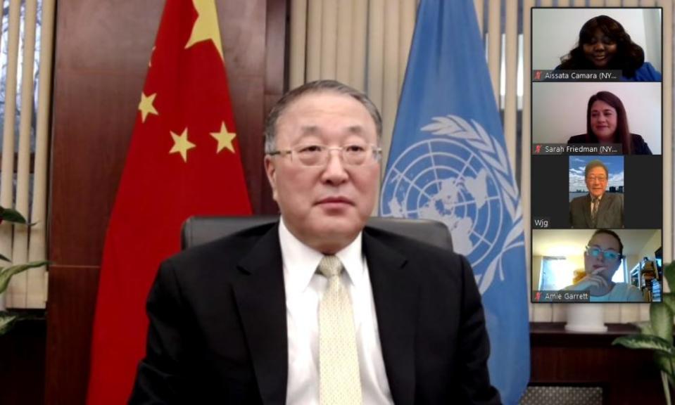 Zhang Jun, China’s permanent representative to the UN, attends a ceremony via Zoom