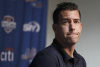 FILE - In this Feb. 14, 2019, file photo, New York Mets general manager Brodie Van Wagenen pauses while speaking to the media following spring training baseball practice in Port St. Lucie, Fla. Van Wagenen and many of his top aides are out, moves announced less than an hour after hedge fund manager Steve Cohen completed his $2.4 billion purchase of the team Friday, Nov. 6, 2020. (AP Photo/Jeff Roberson, File)