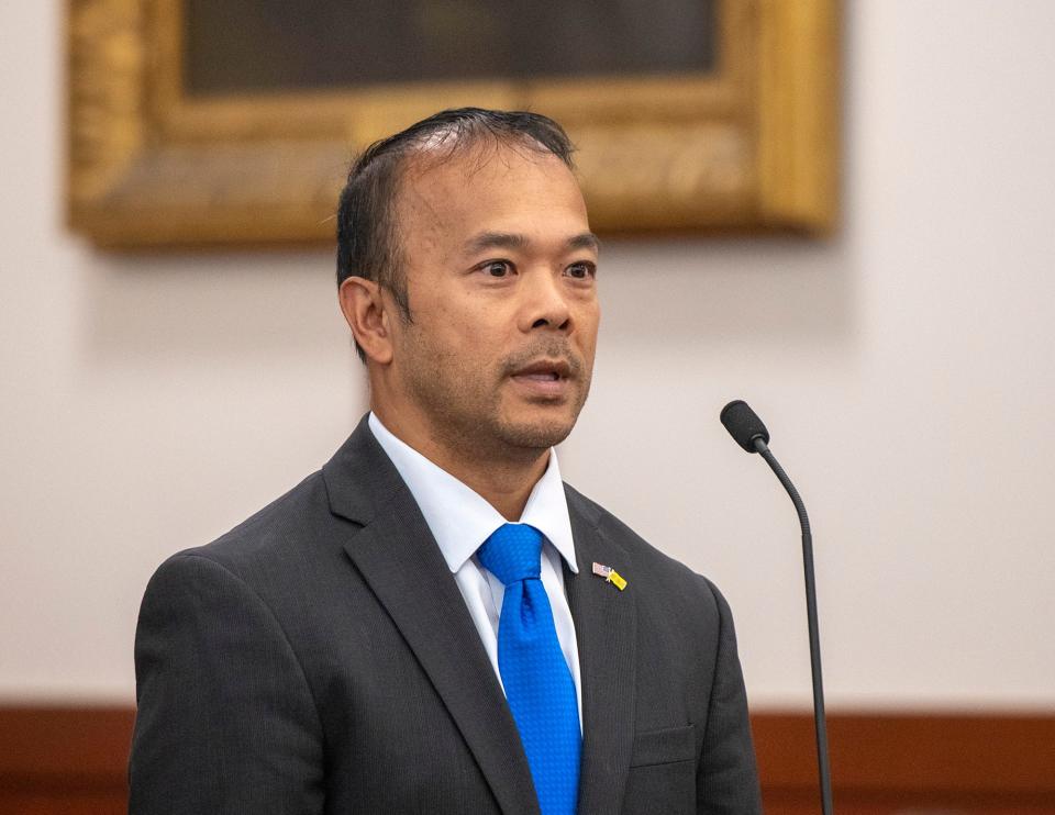 Dean A. Tran, a former Fitchburg state senator and current Republican congressional candidate for the 3rd Congressional District, pleads not guilty to various charges including larceny of a firearm in Worcester Superior Court July 28, 2022.