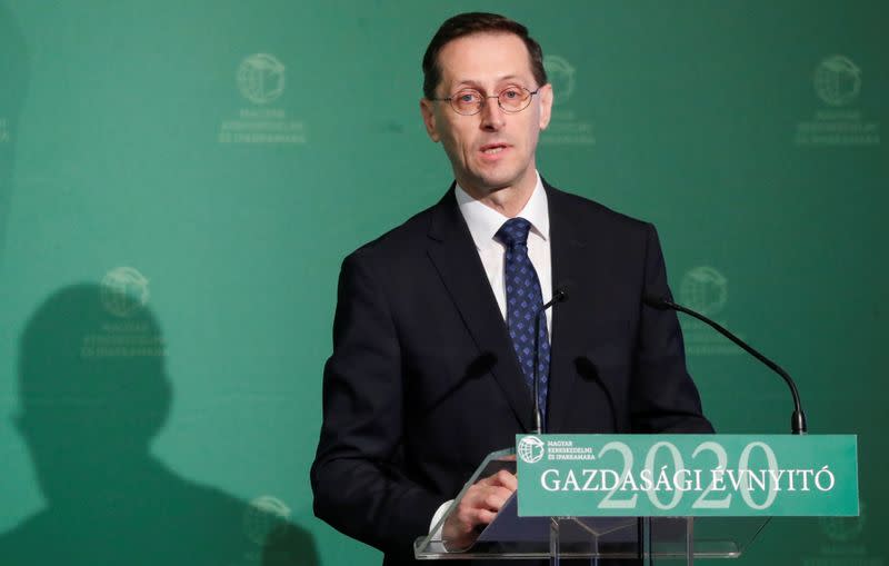 Hungarian Finance Minister Mihaly Varga speaks during a business conference in Budapest