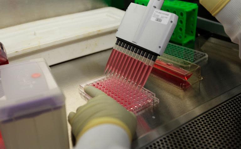 A researcher at the International AIDS Vaccine Initiative laboratory works on samples at the lab in New York