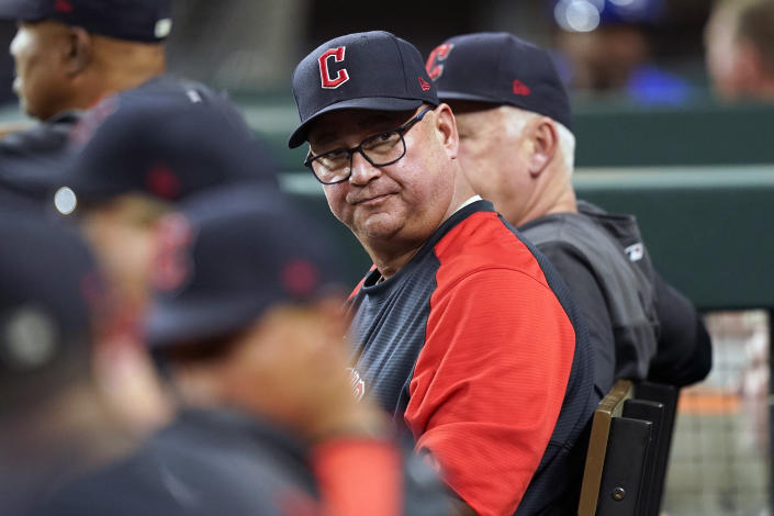 Cleveland Guardians manager Terry Francona looks back into the dugout during a baseball game against the Texas Rangers in Arlington, Texas, Friday, Sept. 23, 2022. (AP Photo/LM Otero)